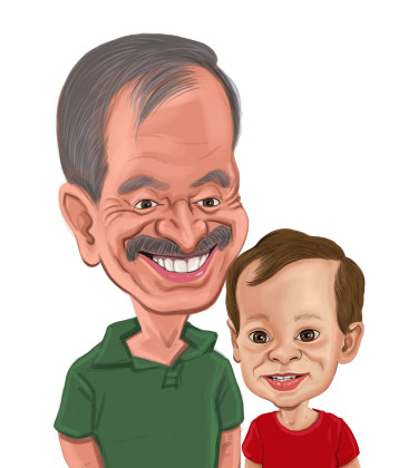 Lustige Karikatur eines Vaters mit seinem kleinen Sohn
