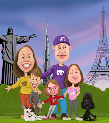 Individuelle Karikatur für einen Familienausflug, während Sie vor vielen beliebten Zielen stehen