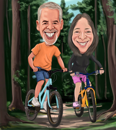 Kundenspezifische Zeichnung eines älteren Paares, das Fahrrad im Wald fährt