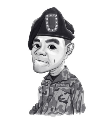 Schwarz Weiß Zeichnung eines jungen Soldaten in Uniform
