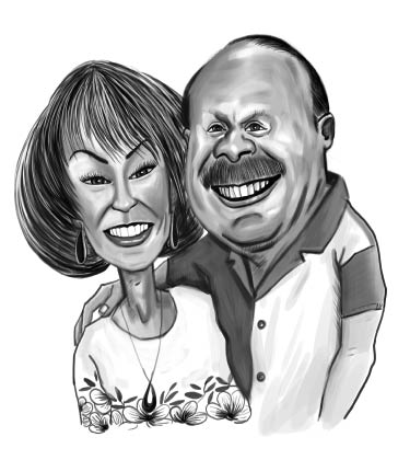 Lustiges Schwarz-Weiß-Karikatur-Porträt eines Paares mittleren Alters