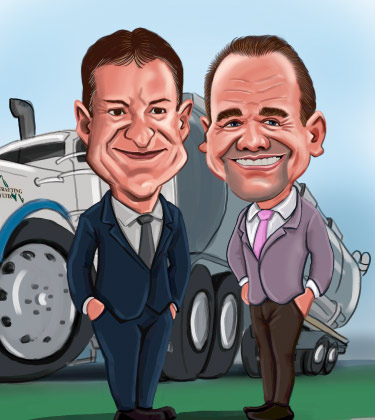Zwei Geschäftsleute vor LKW-Karikatur