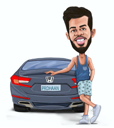 Ganzkörper Karikatur eines Mannes, der neben seinem Honda Accord steht