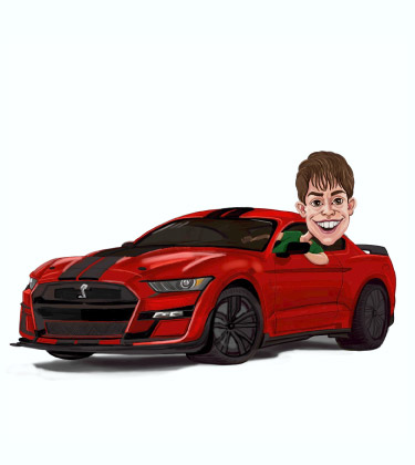 Zeichnung eines Mannes, dessen Kopf aus seinem neuen Ford Sportwagen ragt