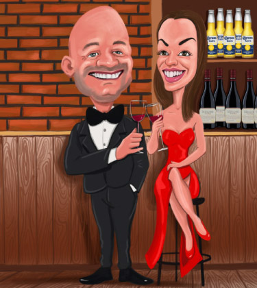 Kundenspezifische Karikatur eines jungen noblen Paares in der Bar