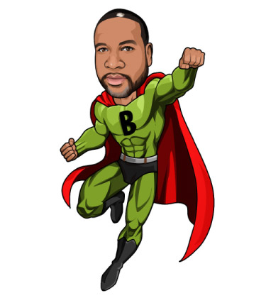 Ganzkörperzeichnung eines schwarzen Mannes in seinem grünen Superheldenkostüm posiert