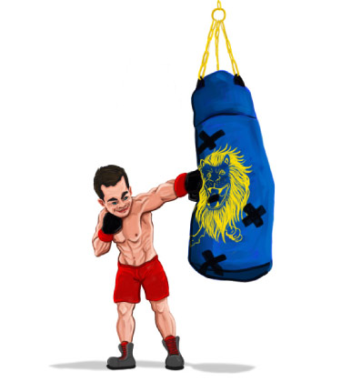 Lustige Karikatur eines Boxers, der beim Training seine Tasche schlägt