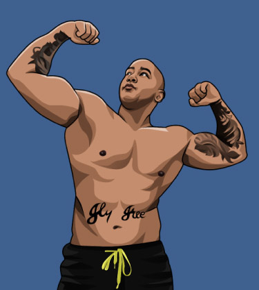 Karikaturisierte Skizze eines schwarzen tätowierten männlichen Bodybuilders, der mit seinen Muskeln nach oben posiert