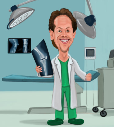 Lustige Karikatur eines Zahnarztes, der in seinem Büro steht