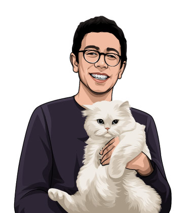 Lustige Karikatur eines Jungen mit seiner Katze
