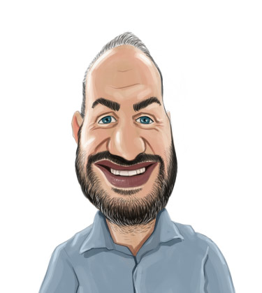 Karikatur eines lächelnden glatzköpfigen Mannes mit langem Bart, der ein Hemd trägt