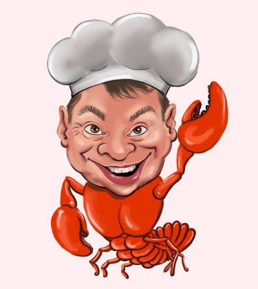 Cartoon-Zeichnung eines Kindes mit Kochmütze und Krabbenkörper