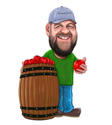 Lustige Karikatur eines lächelnden Mannes mit einem Fass Äpfel