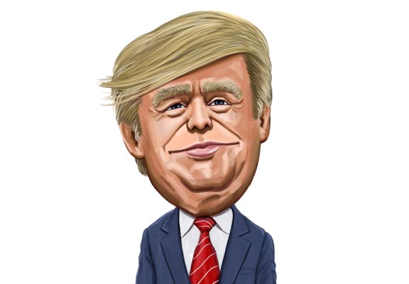 Karikatur-Porträtzeichnung von Donald Trump mit großem Kopf, der im Anzug posiert