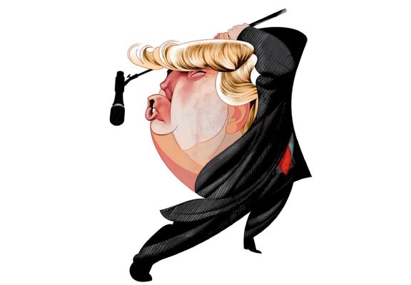 Donald Trump als Rockstar, der ins Mikrofon singt - Karikatur