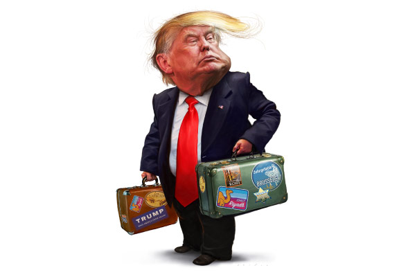 Lustige Zeichnung von Trump, wie er Koffer hält und sich auf die Reise vorbereitet