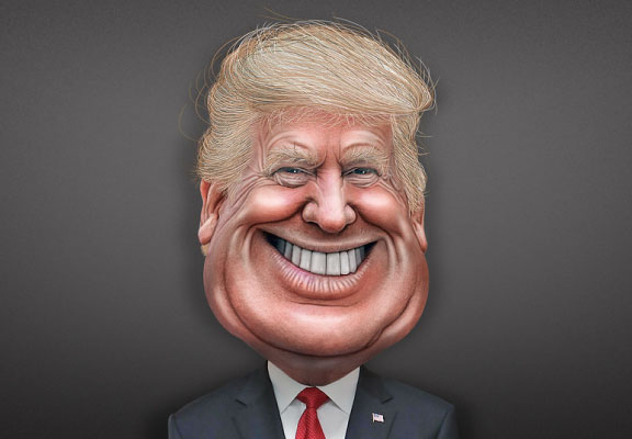 Trump mit einem breiten Lächeln im schwarzen Anzug - Karikatur