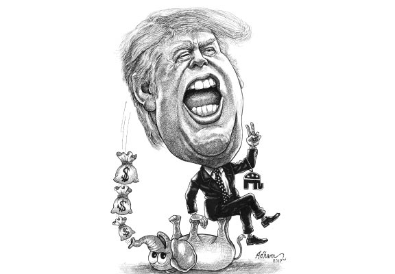 Zeichnung von Trump, der auf einem Elefanten sitzt und mit Geld jongliert