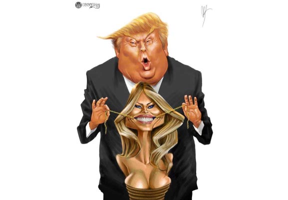 Karikatur des ehemaligen Präsidenten Trump und seiner Frau Melania, die sie wie eine Puppe behandelt