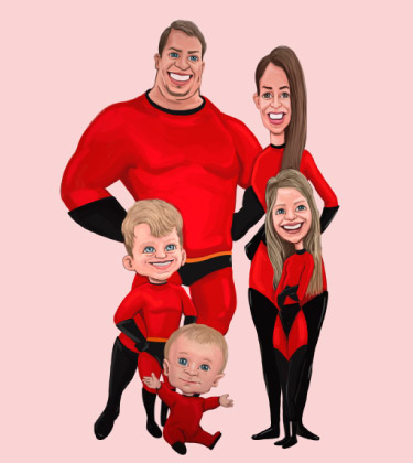 Cartoonisierte 4-köpfige Familie in roter Superheldenuniform