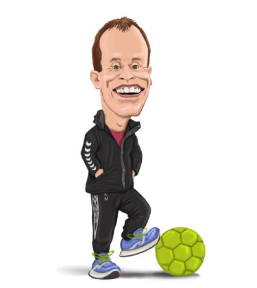 Karikatur eines Fußballtrainers, der den Ball rollt
