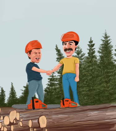 Karikatur von zwei Holzarbeitern, die auf Hütten die Hand zittern