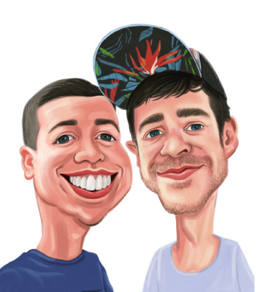 Kopf und Schultern Karikatur von zwei männlichen Freunden, die beiläufig posieren