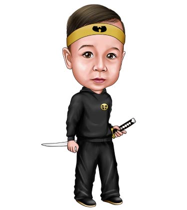 Ganzkörperporträt eines Jungen in Samurai-Uniform und Schwert