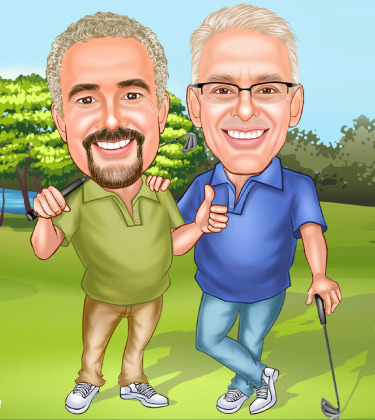 Karikatur von zwei besten Freunden beim Golfspielen auf dem Platz