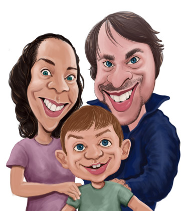 Lustige Skizze Karikatur einer dreiköpfigen Familie in Umarmung