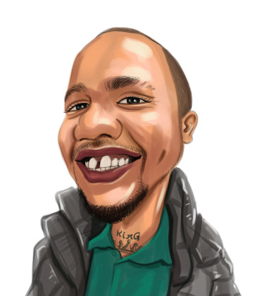 Tätowierter Rapper mit riesigem Lächeln Karikatur Porträt