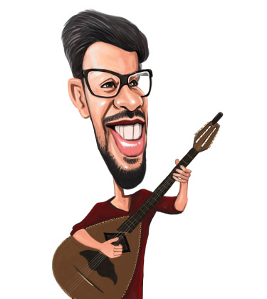 Lustige Karikatur eines Mannes mit Gitarre