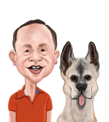 Nette Karikatur eines älteren Mannes mit seinem Hund