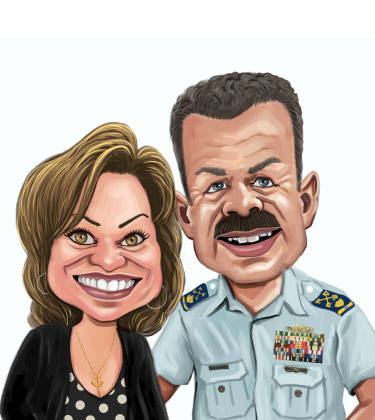 Verheiratete Hausfrau und ihr Polizist Ehemann umarmten Karikatur