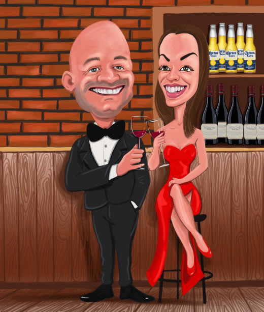 Karikatur eines Mannes im Anzug und einer Frau im Kleid, die auf der Party Wein trinken 