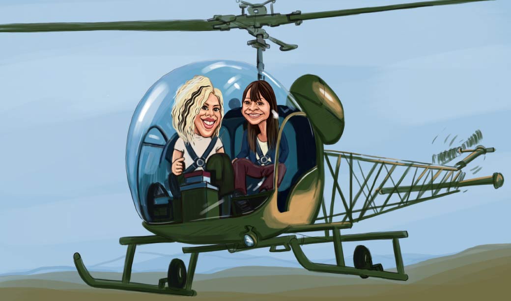 Mutter und Schwester in einem Hubschrauber Lustige Karikatur