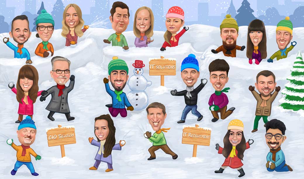 Karikatur eines IT-Unternehmens, die für das ganze Team im Schnee gezeichnet wurde, während sie spielten und sich beim Teambuilding amüsierten