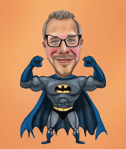 Typ in seinen 40ern, gezeichnet als Superheld mit Batman-Kostümkarikatur