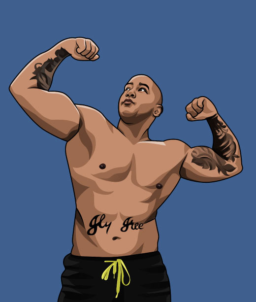 Muskulöser Mann mit Tattoos auf blauem Hintergrund Cartoon