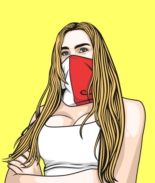 Cartoon-Porträt von sexy blondem Mädchen im T-Shirt mit Gesichtsmaske