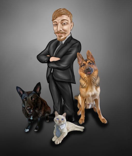 Haustier-Karikaturporträt mit Besitzer im schwarzen Anzug