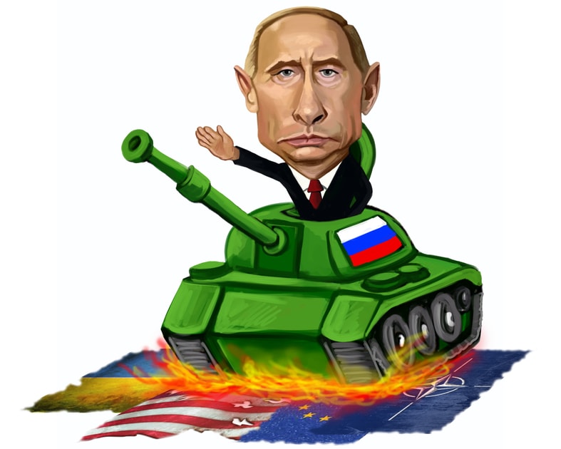 Putin-Karikatur in einem Panzer mit erhobener Hand greift die Ukraine, die NATO und die USA an