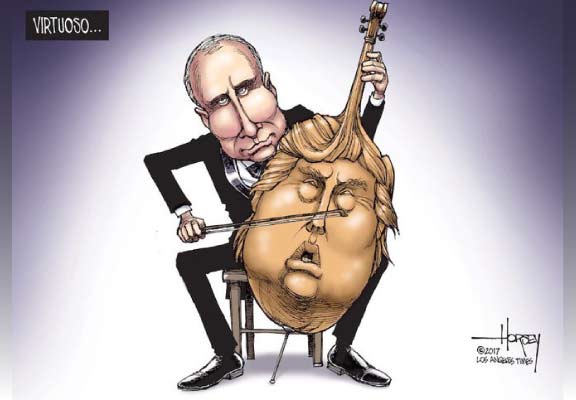 Putin spielt Cello in der Form von Trumps Kopf - Karikatur