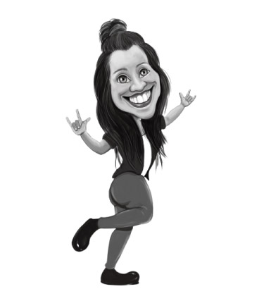 Schwarz-Weiß-Karikatur-Porträt eines Mädchens, das in Ganzkörper in einer Szene posiert