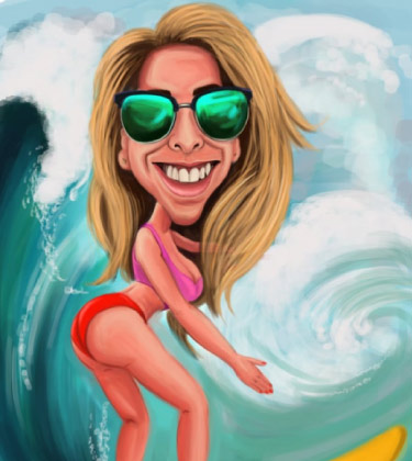 Lustige Karikatur einer Dame in den Dreißigern, die auf Wellen surft