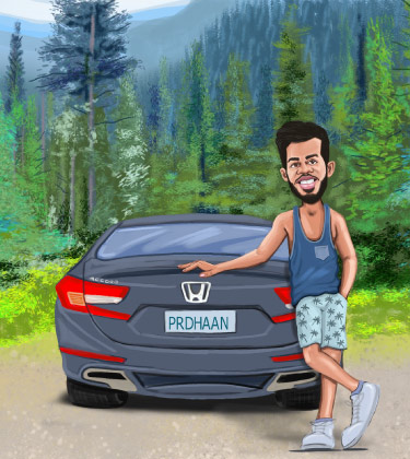 Cartoon Portrait eines Mannes posiert vor seinem Auto im Wald