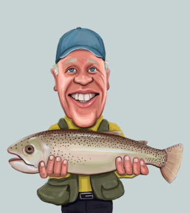 Karikatur eines Fischers, der stolz seinen Fang hält