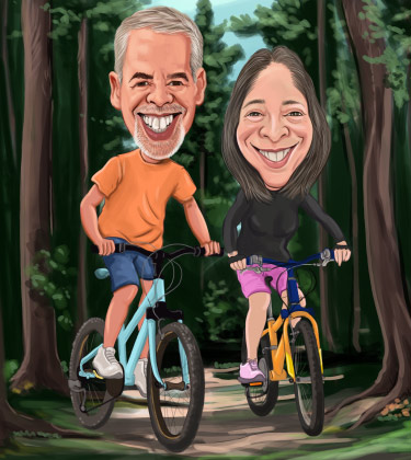 Kundenspezifische Zeichnung eines Paares, das mit seinen Fahrrädern im Wald fährt