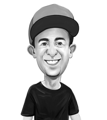 Schwarz-Weiß-Karikatur Porträt eines Studenten mit Hut