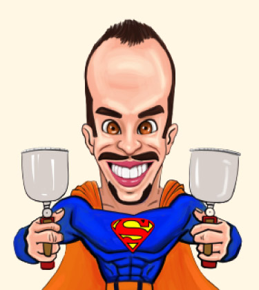 Lustige Karikatur eines Mannes in Superman-Kleidung und mit Spachtel in den Händen mit einem frischen Haarschnitt